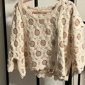 POL Cream Crochet Sweater with Beige Polka Dots